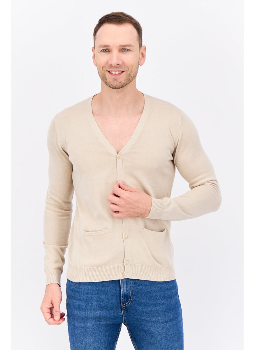 Men V Neck Long Sleeve Textured Cardigan, Beige