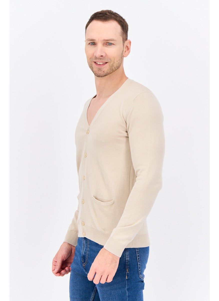 Men V Neck Long Sleeve Textured Cardigan, Beige