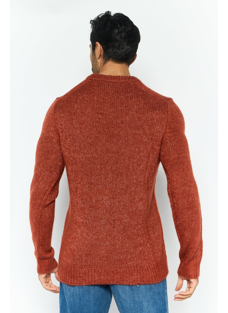 Men Crew Neck Long Sleeve Textured Sweater, Brown
