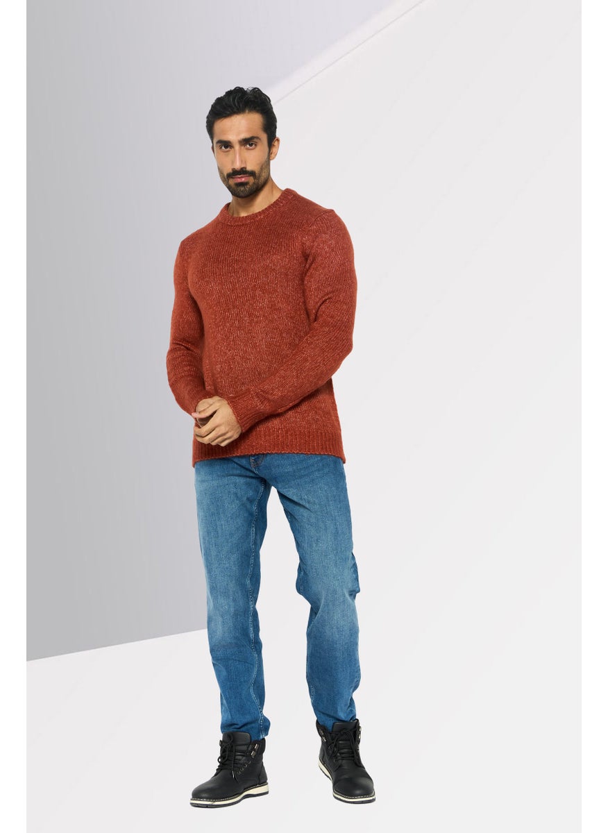 Men Crew Neck Long Sleeve Textured Sweater, Brown
