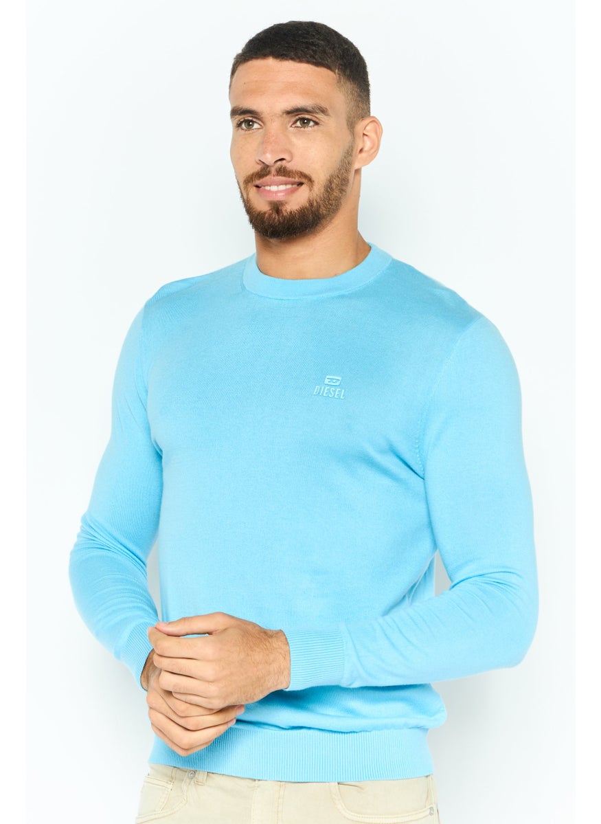 Men Ribbed Neck Brand Logo Sweater, Sky Blue