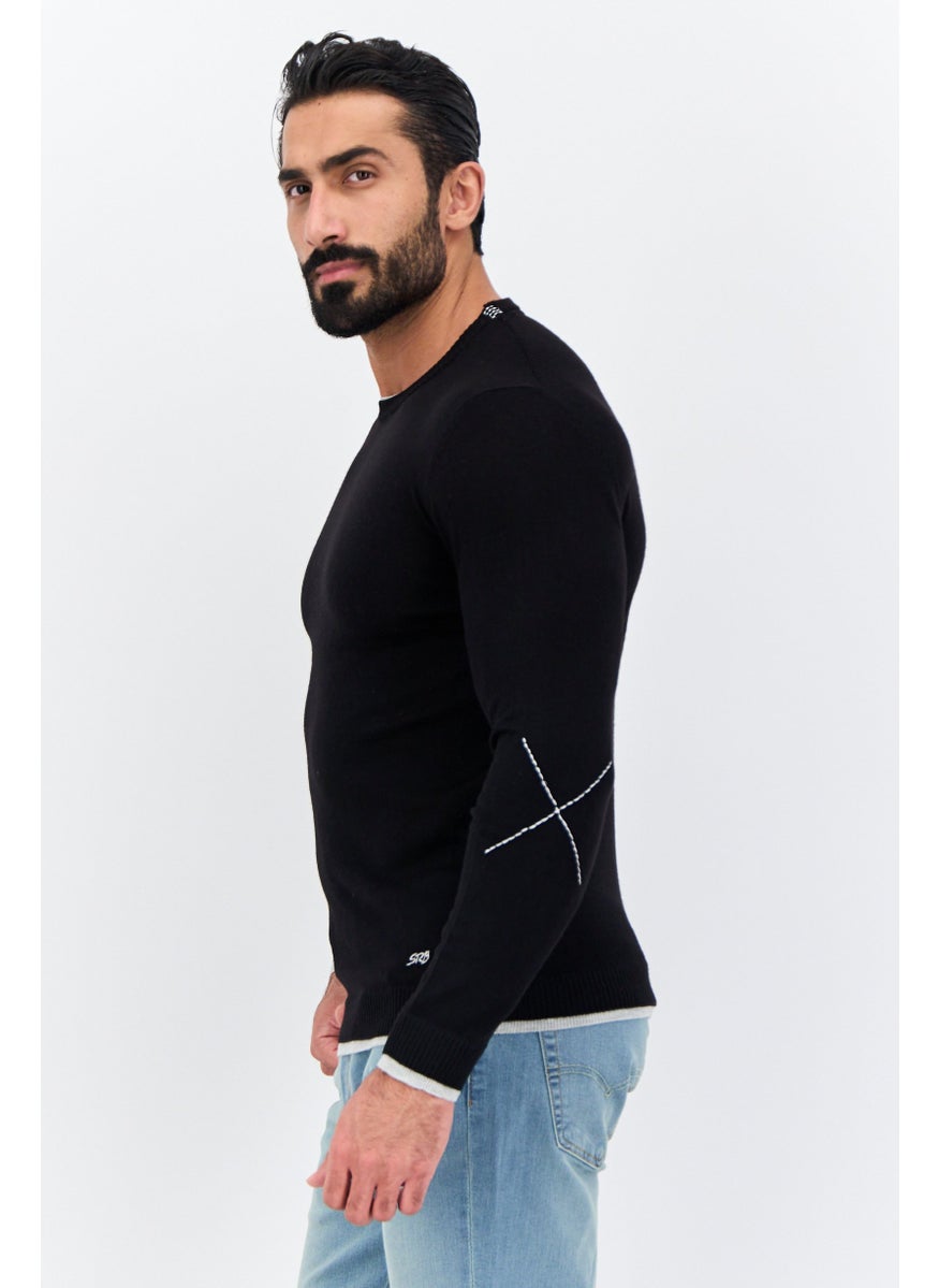 Men Round Neck Long Sleeve Textured Sweater, Black