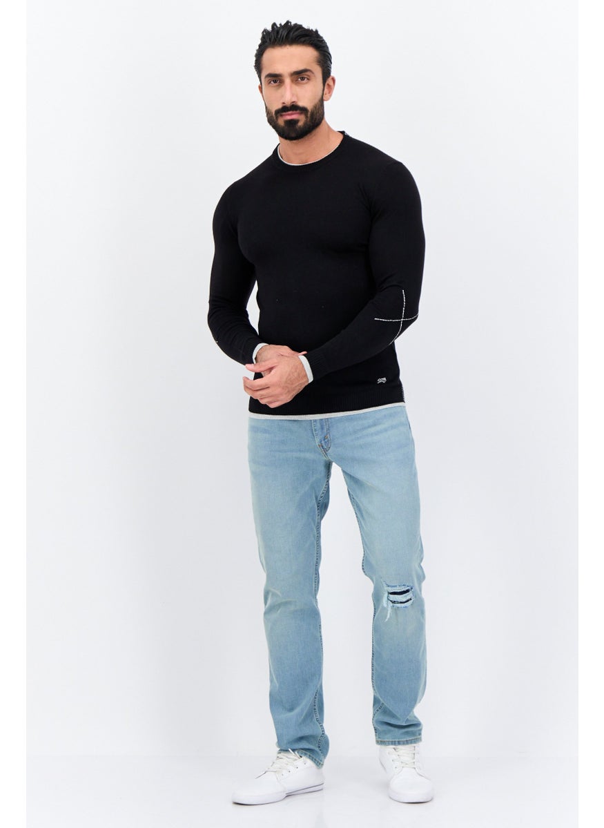 Men Round Neck Long Sleeve Textured Sweater, Black