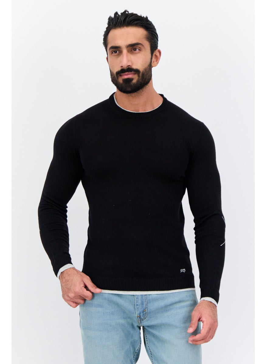 Men Round Neck Long Sleeve Textured Sweater, Black