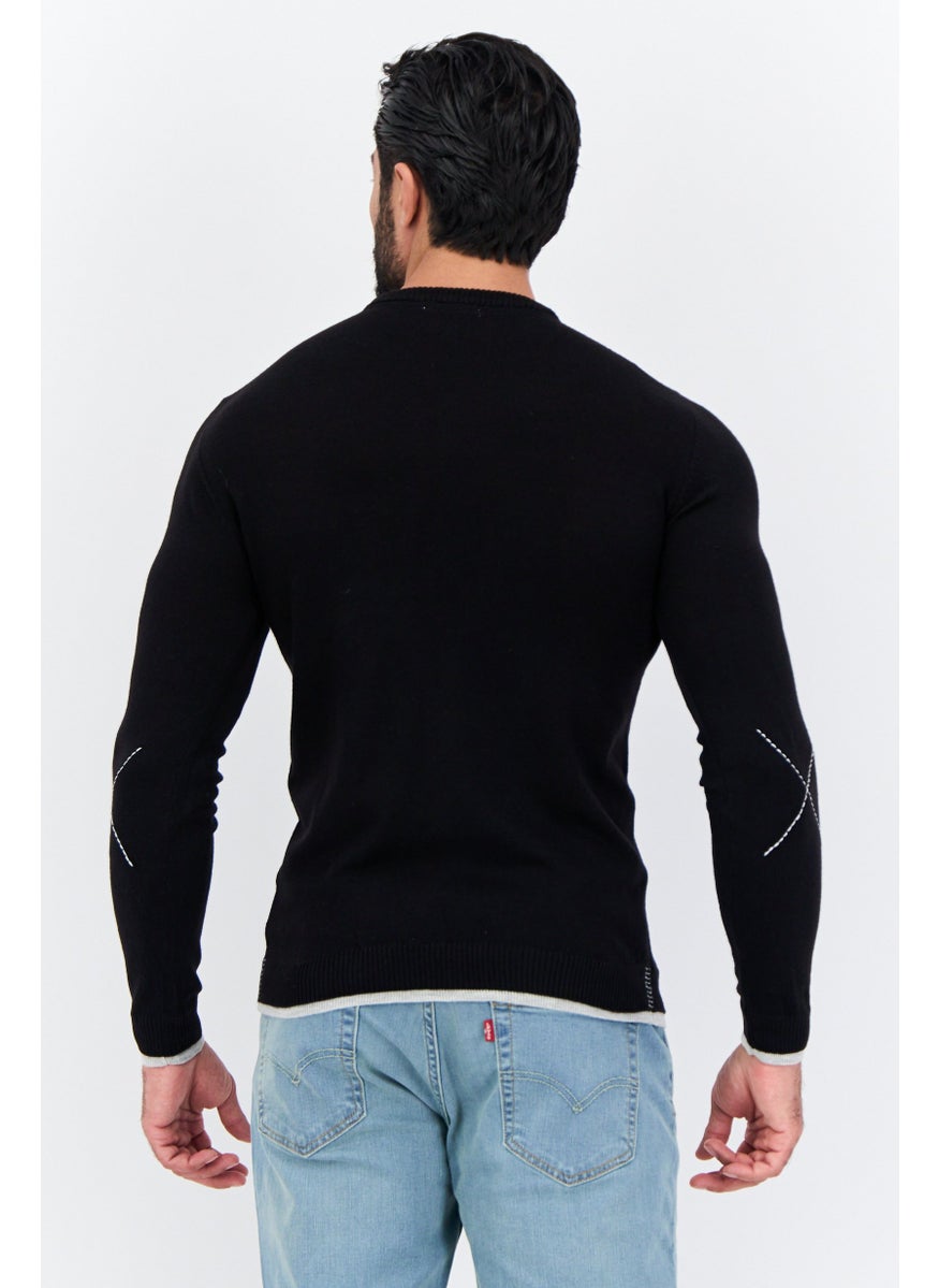 Men Round Neck Long Sleeve Textured Sweater, Black