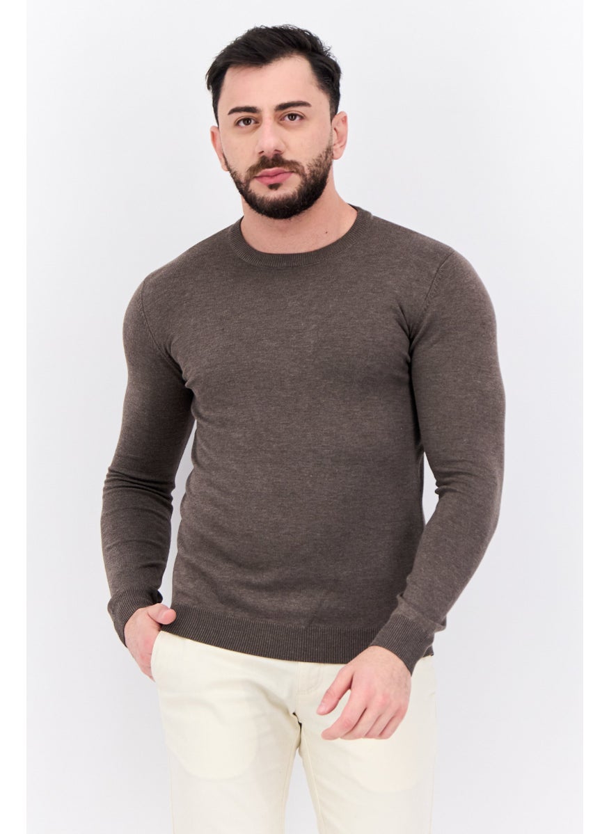 Men Crew Neck Long Sleeve Knitted Sweater, Taupe