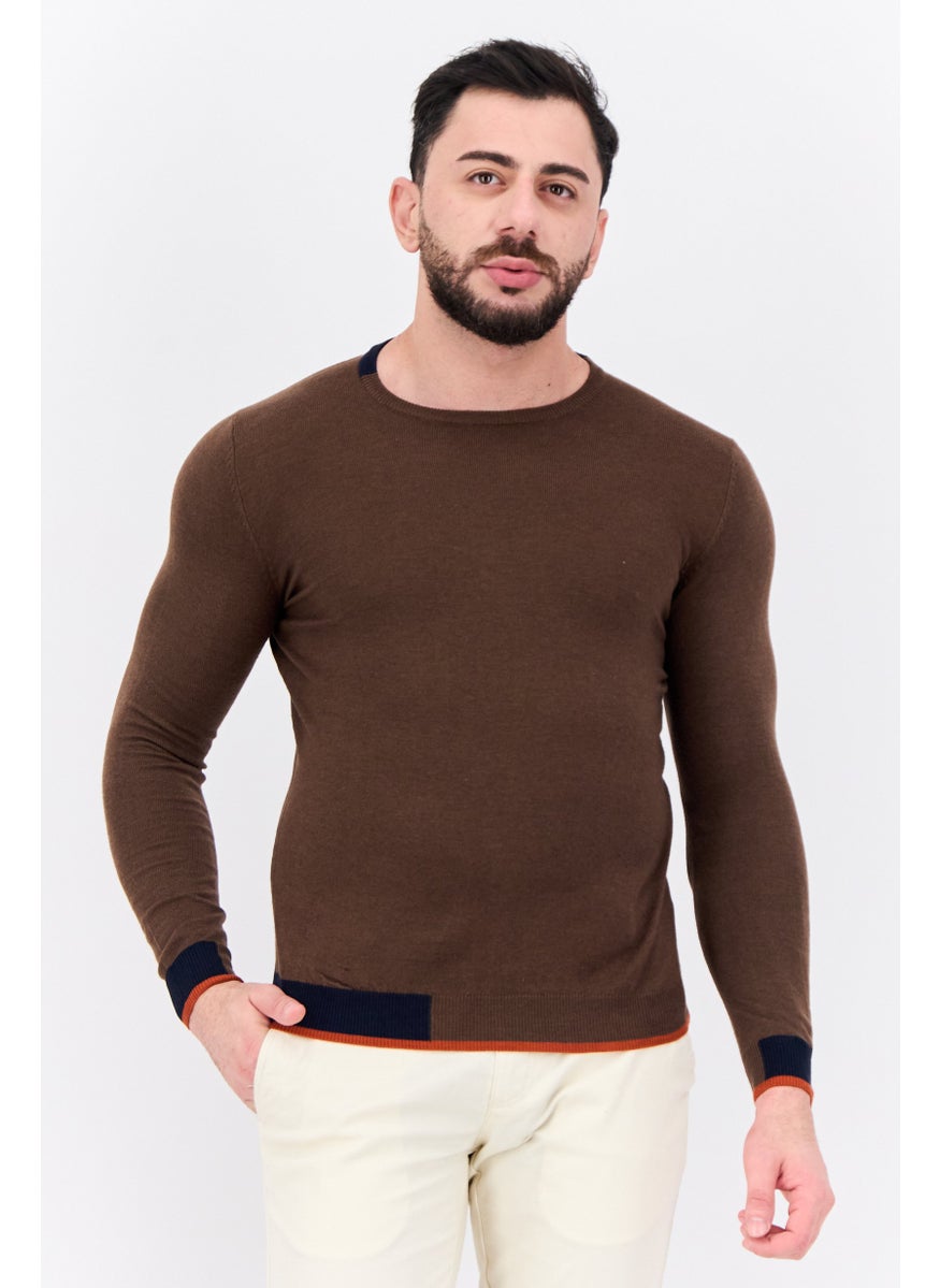 Men Crew Neck Long Sleeve Textured Sweater, Brown