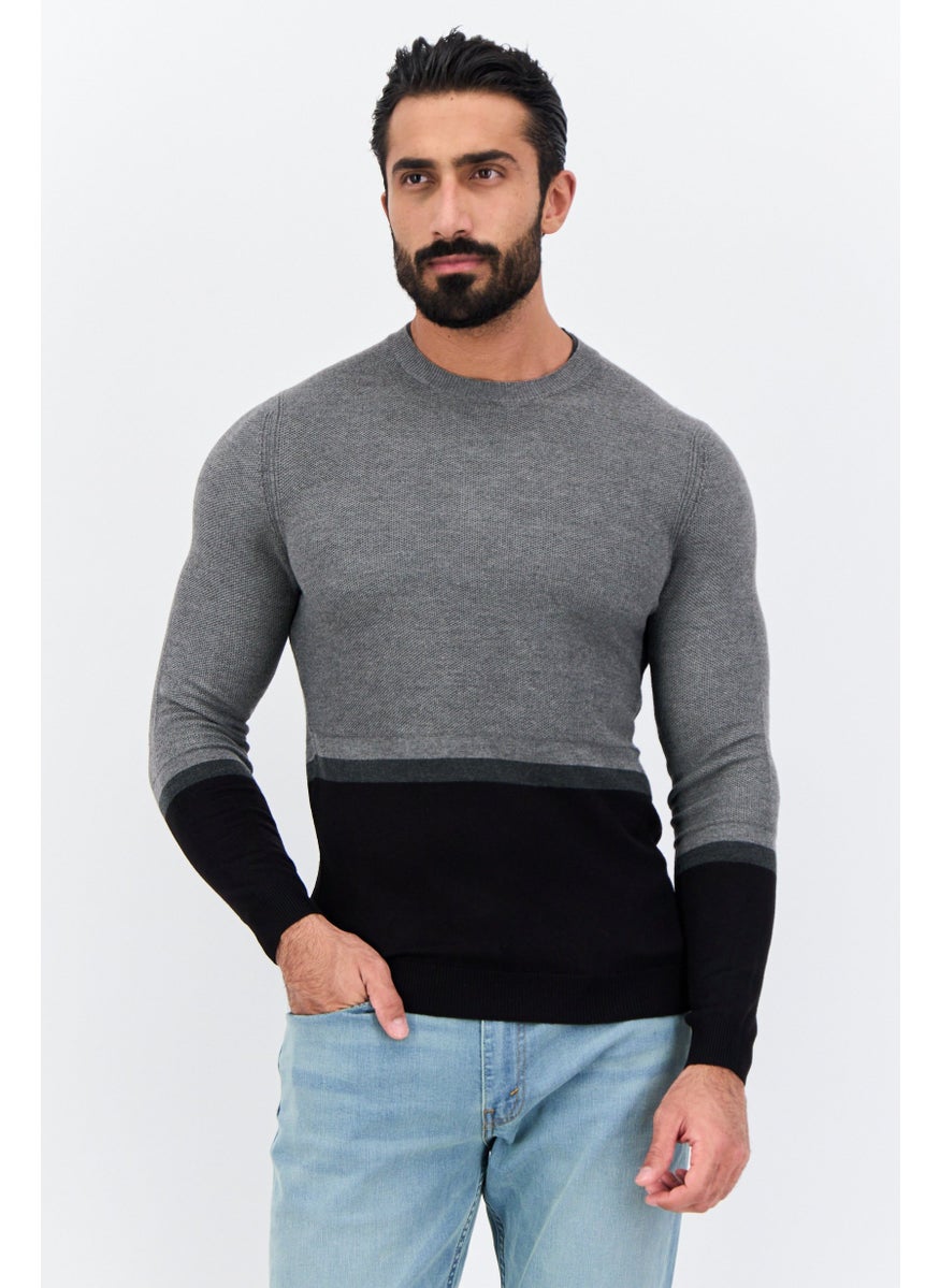 Men Crew Neck Long Sleeve Two-Tone Sweater, Grey