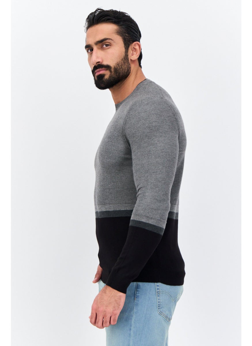 Men Crew Neck Long Sleeve Two-Tone Sweater, Grey