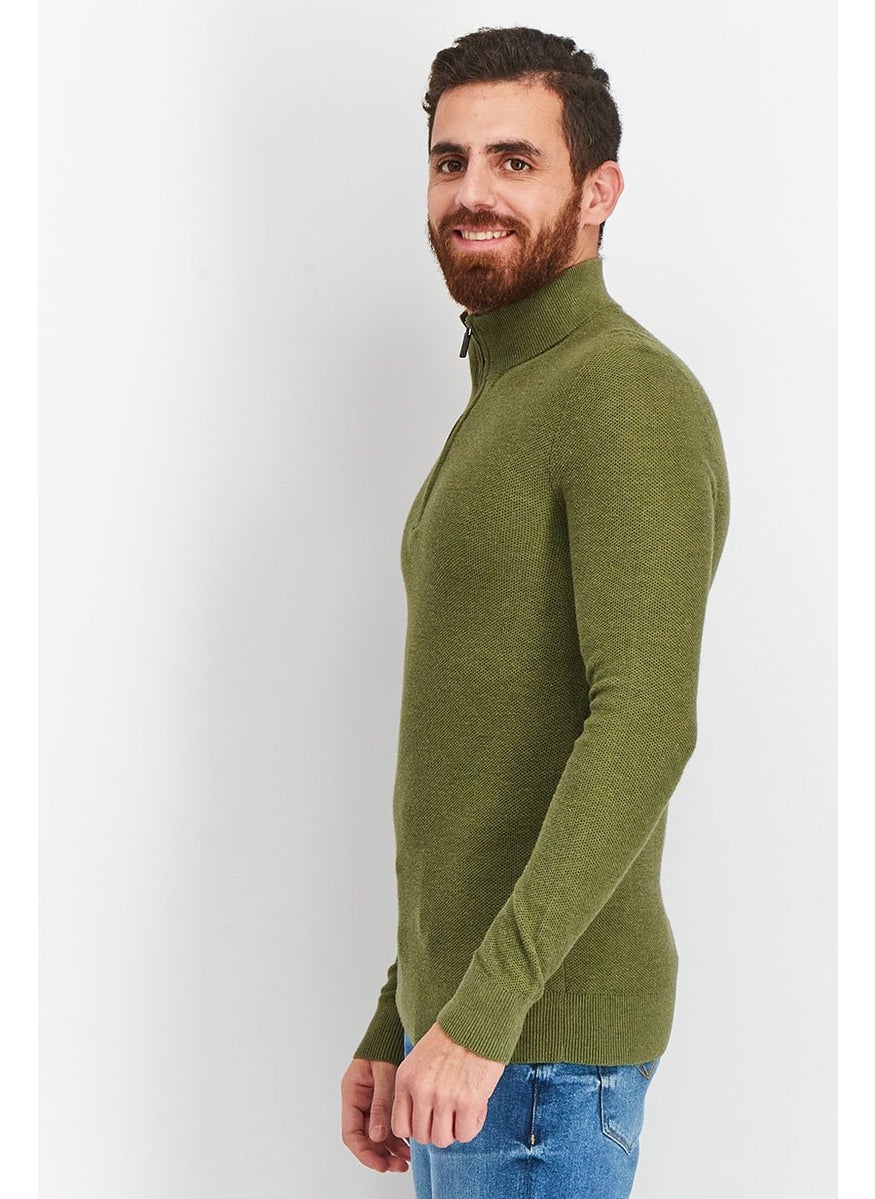 Men Quarter Zip Long Sleeves Textured Sweater, Green
