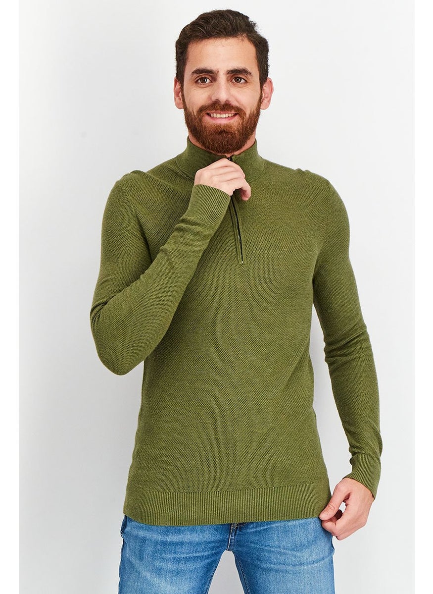 Men Quarter Zip Long Sleeves Textured Sweater, Green