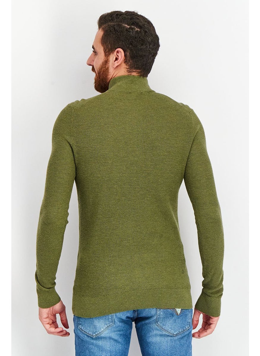 Men Quarter Zip Long Sleeves Textured Sweater, Green