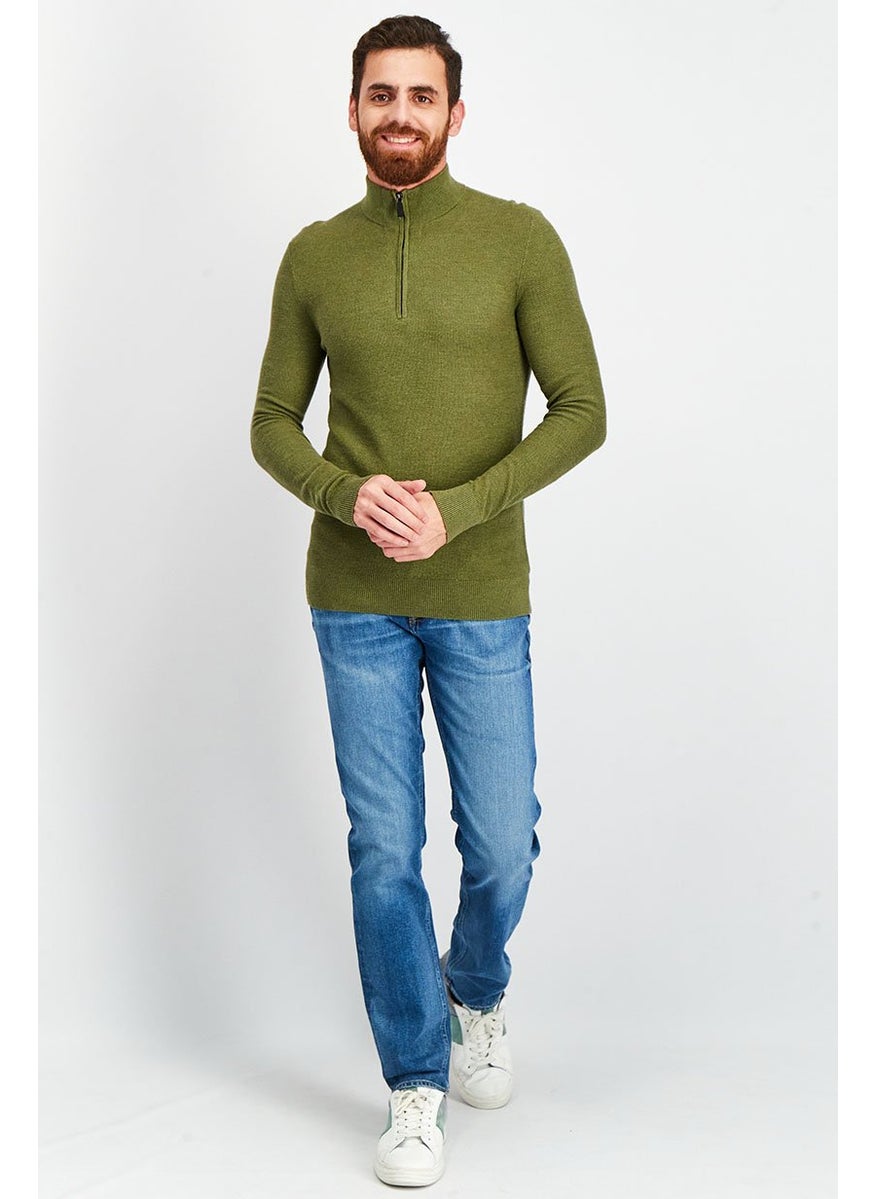 Men Quarter Zip Long Sleeves Textured Sweater, Green