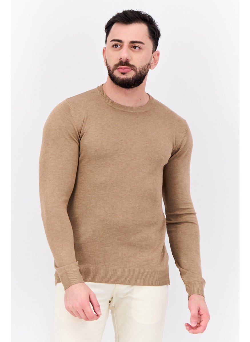 Men Crew Neck Long Sleeve Knitted Sweater, Tan