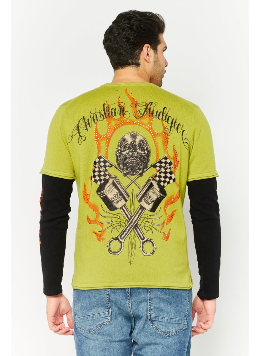 Men Round Neck Brand Logo Long Sleeve Sweater, Green