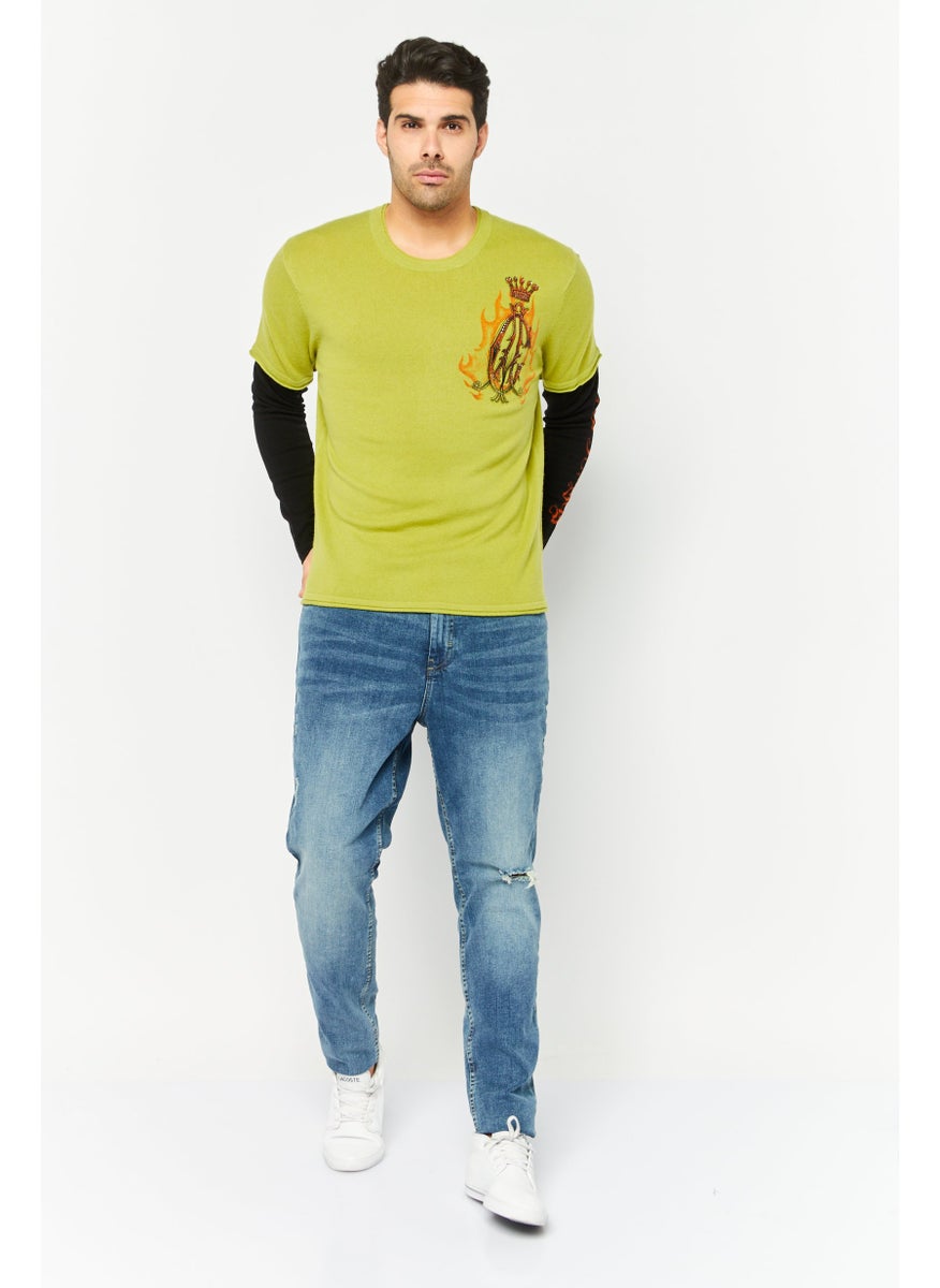 Men Round Neck Brand Logo Long Sleeve Sweater, Green