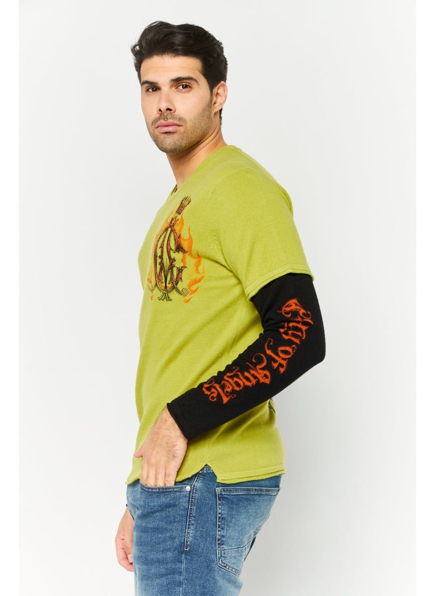 Men Round Neck Brand Logo Long Sleeve Sweater, Green