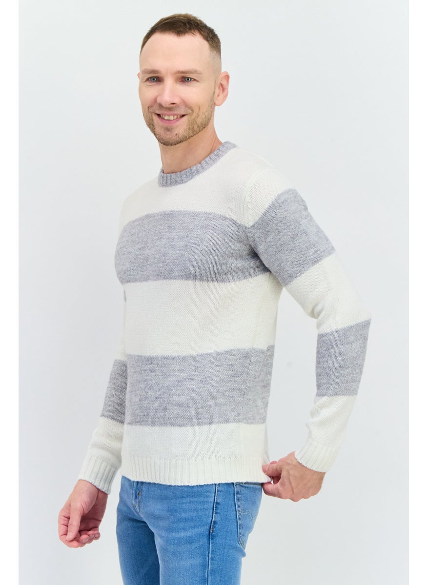 Men Crew Neck Stripe Sweater, White
