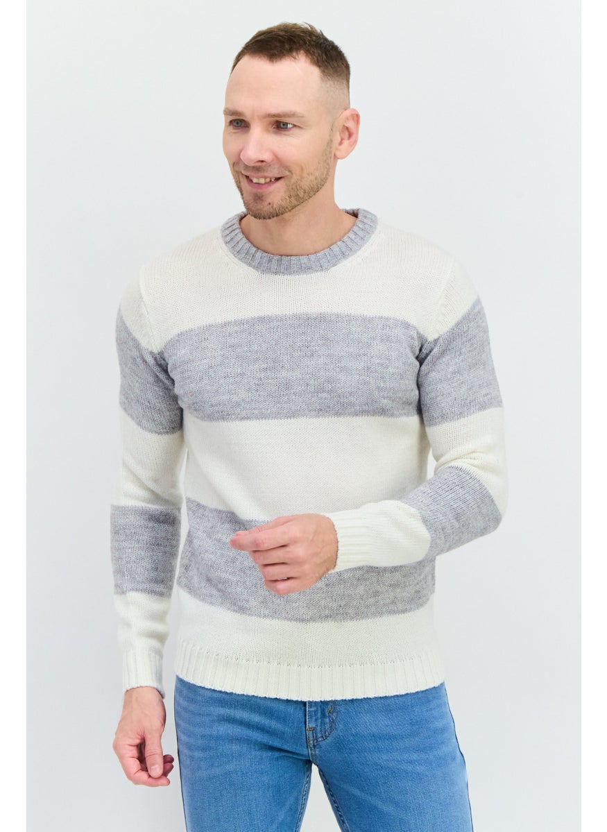 Men Crew Neck Stripe Sweater, White