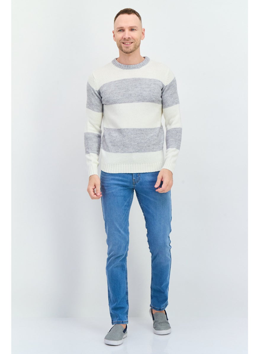 Men Crew Neck Stripe Sweater, White