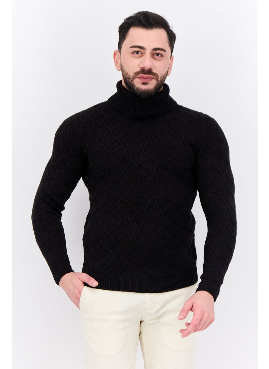 Men Funnel Neck Pointelle Sweater, Black