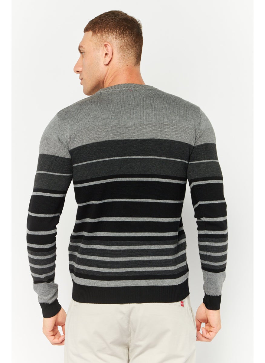 Men Crew Neck Stripe Sweater, Black