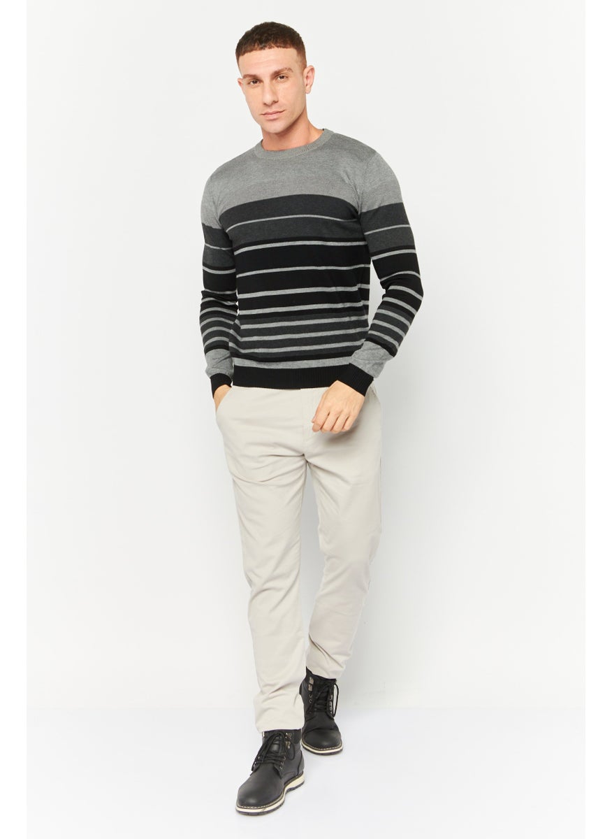 Men Crew Neck Stripe Sweater, Black