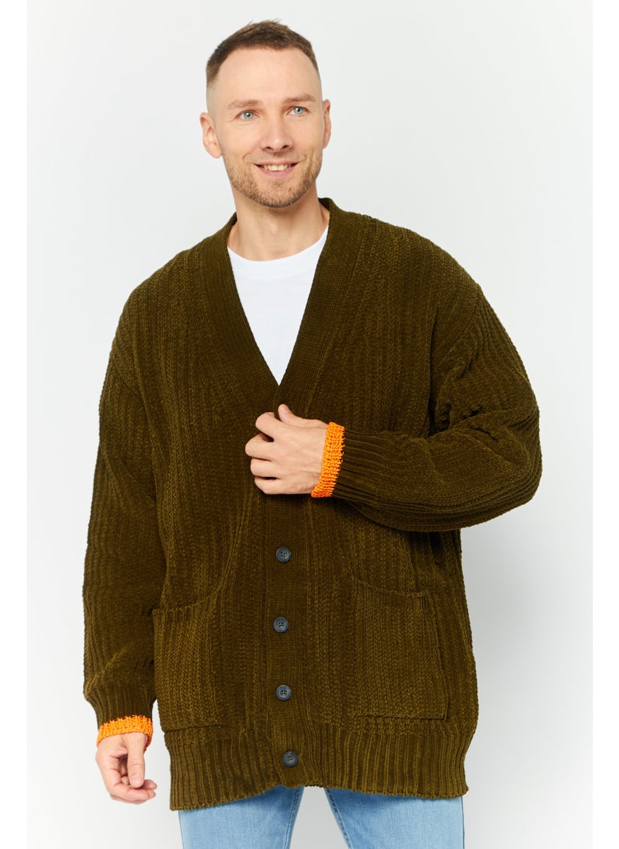 Men V-Neck Textured Cardigan, Olive