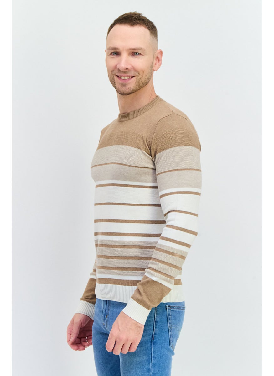 Men Crew Neck Stripe Sweater, Taupe