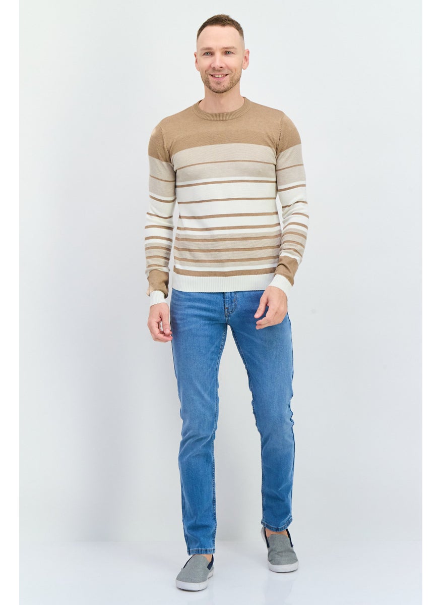 Men Crew Neck Stripe Sweater, Taupe