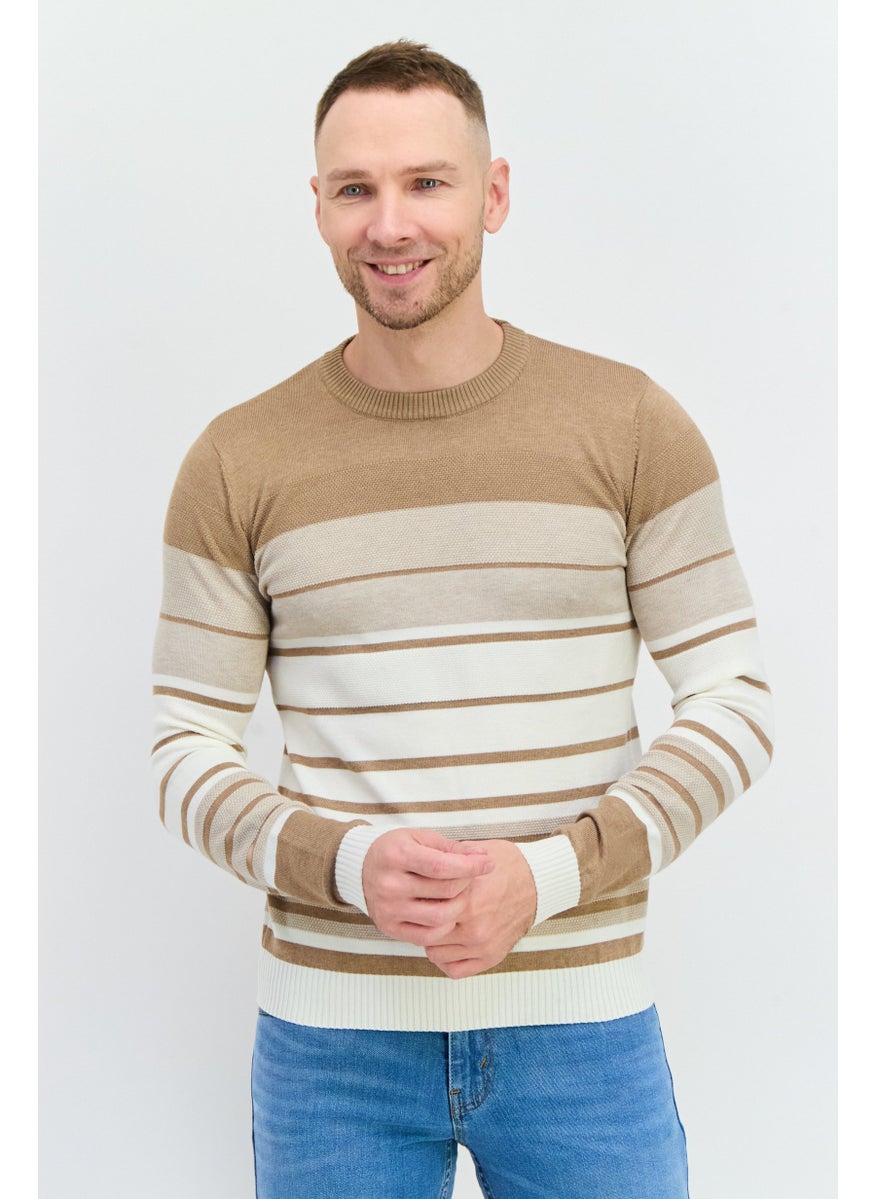 Men Crew Neck Stripe Sweater, Taupe