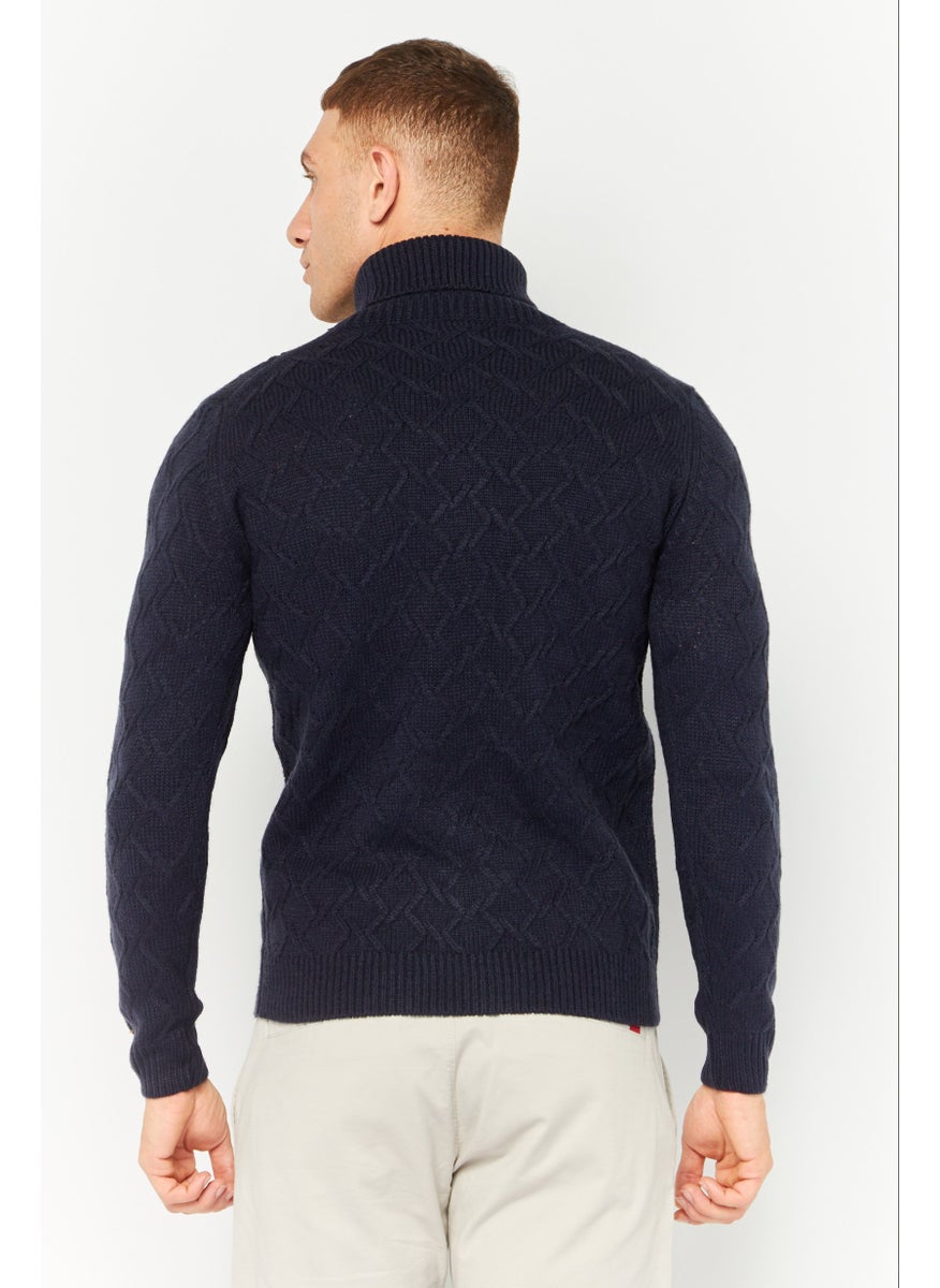 Men Funnel Neck Pointelle Sweater, Navy