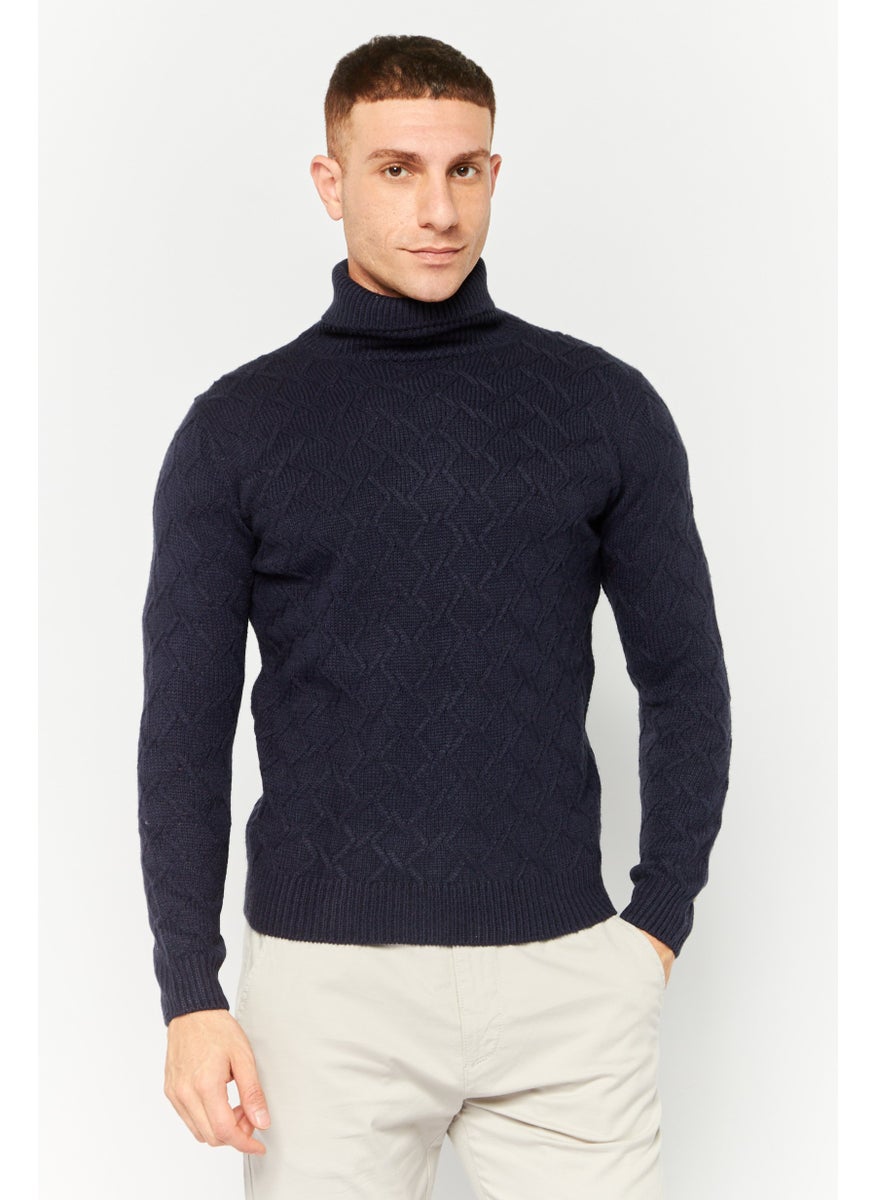 Men Funnel Neck Pointelle Sweater, Navy