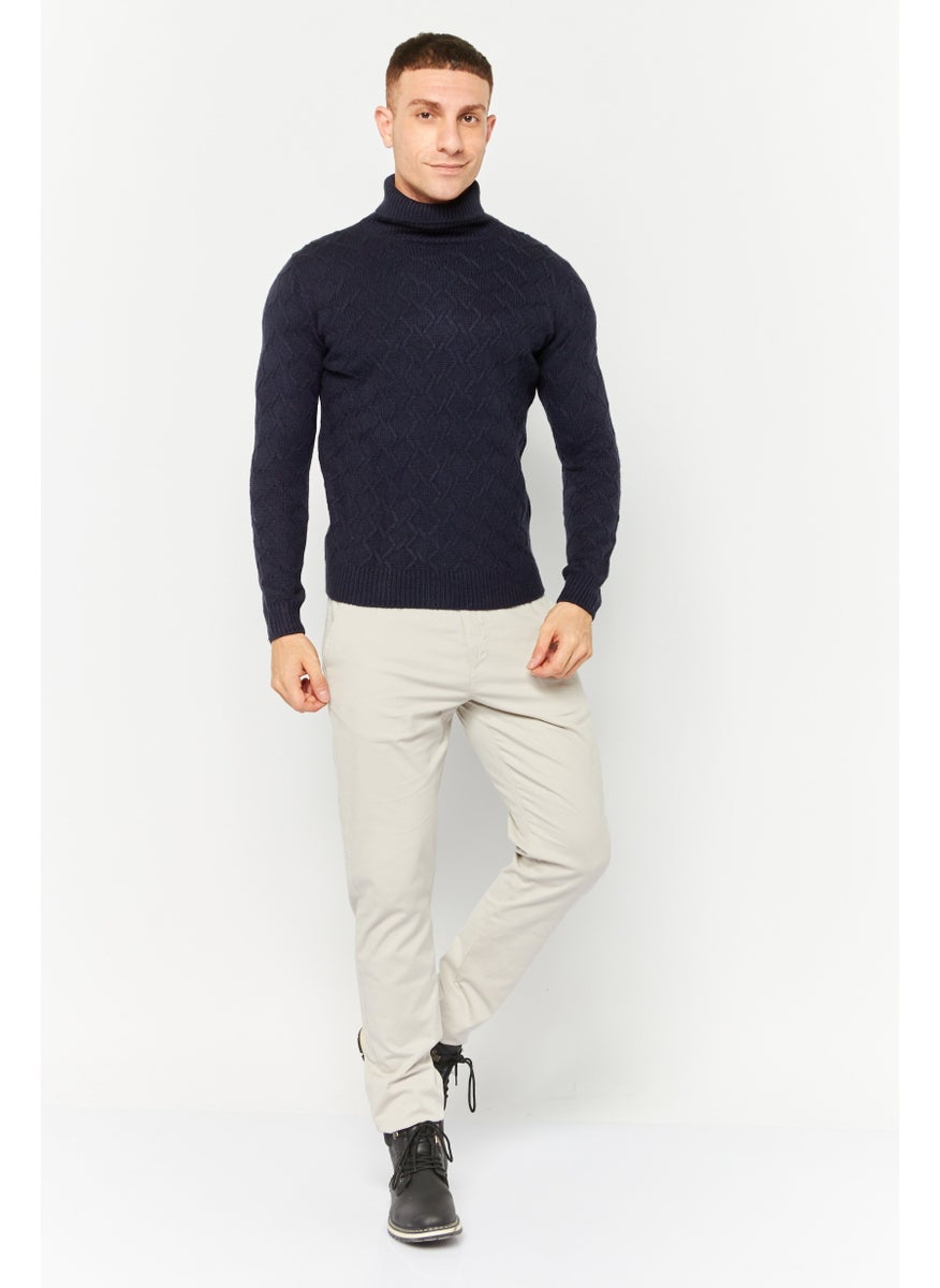 Men Funnel Neck Pointelle Sweater, Navy