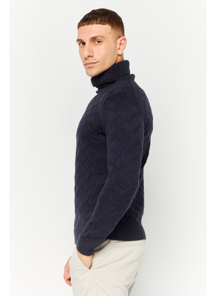 Men Funnel Neck Pointelle Sweater, Navy