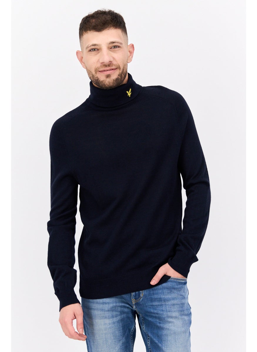 Men Mock Neck Embroidered Print Long Sleeve Sweater, Dark Navy