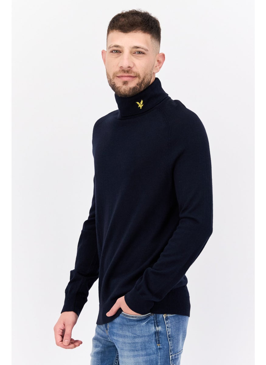 Men Mock Neck Embroidered Print Long Sleeve Sweater, Dark Navy