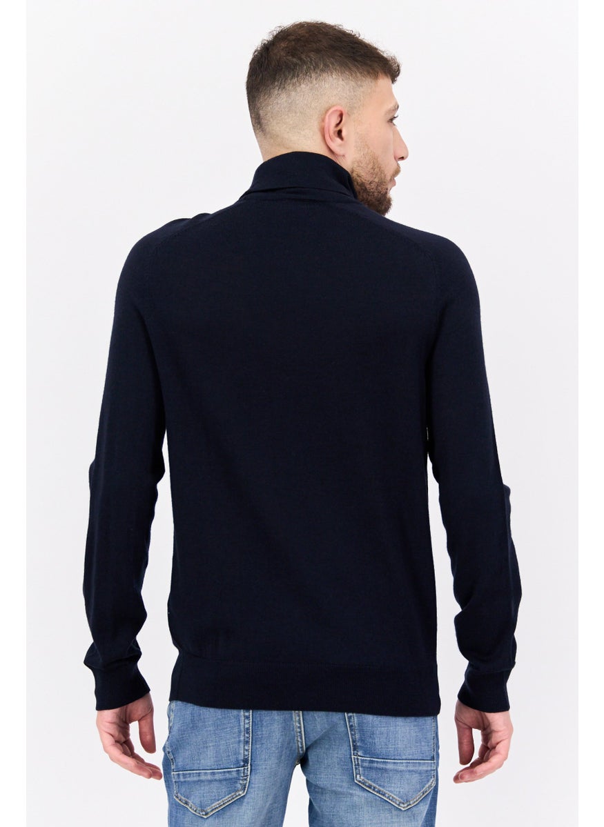 Men Mock Neck Embroidered Print Long Sleeve Sweater, Dark Navy