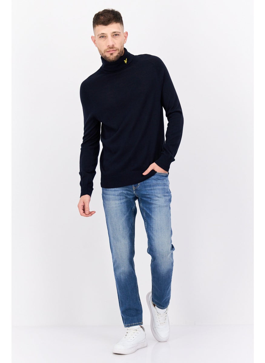 Men Mock Neck Embroidered Print Long Sleeve Sweater, Dark Navy