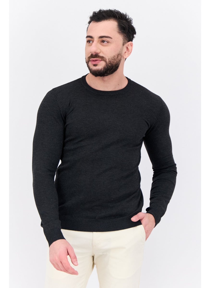 Men Crew Neck Long Sleeve Knitted Sweater, Dark Grey