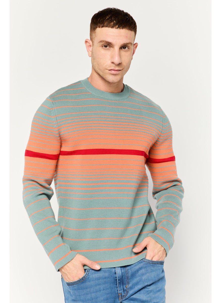 Men Crew Neck Stripe Long Sleeves Knit Sweater, Grey