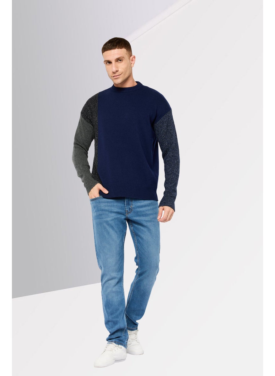 Men Crew Neck Long Sleeve Textured Sweater, Navy