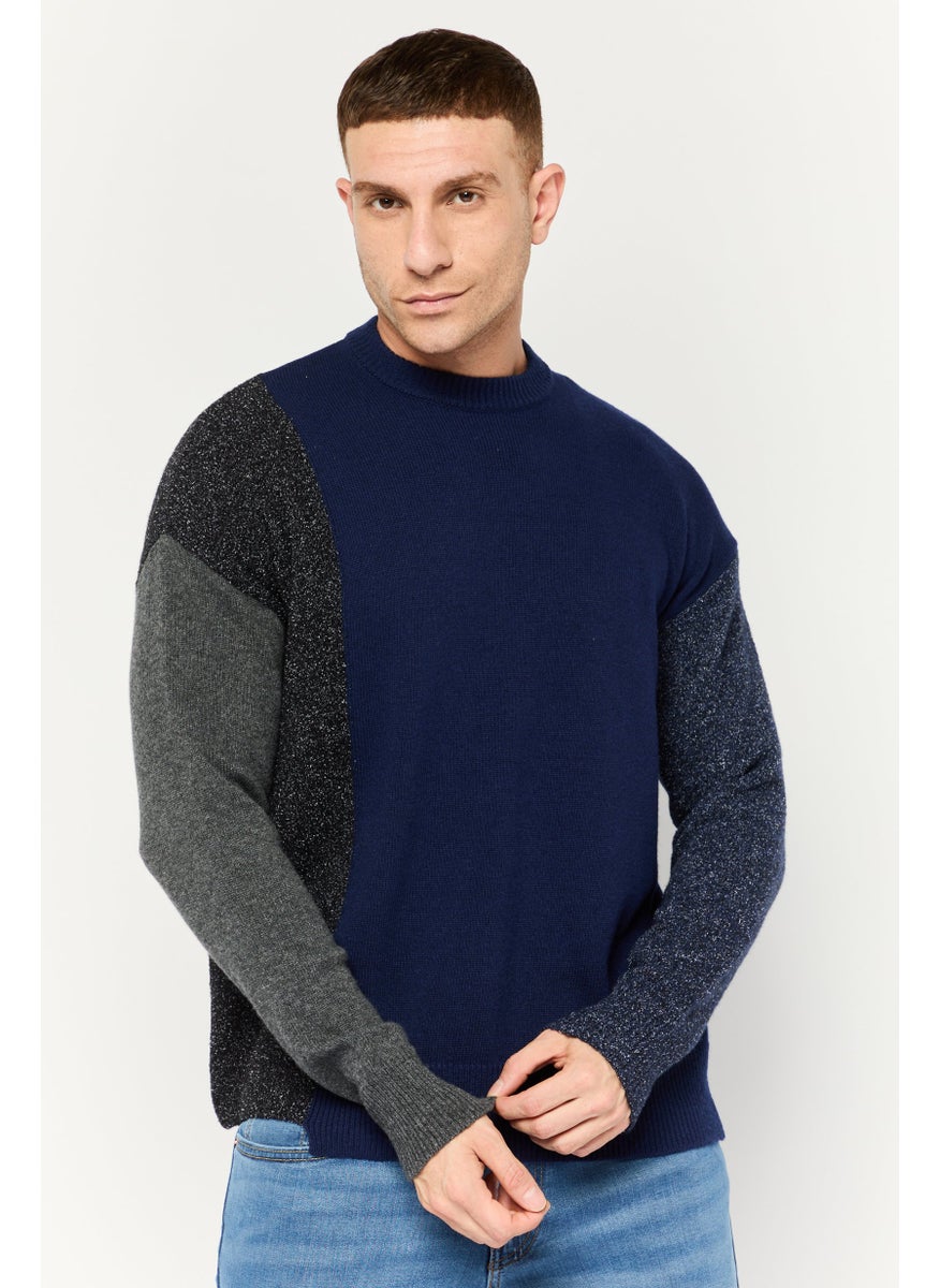 Men Crew Neck Long Sleeve Textured Sweater, Navy