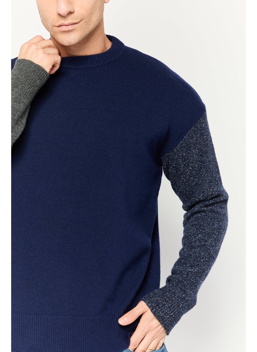 Men Crew Neck Long Sleeve Textured Sweater, Navy