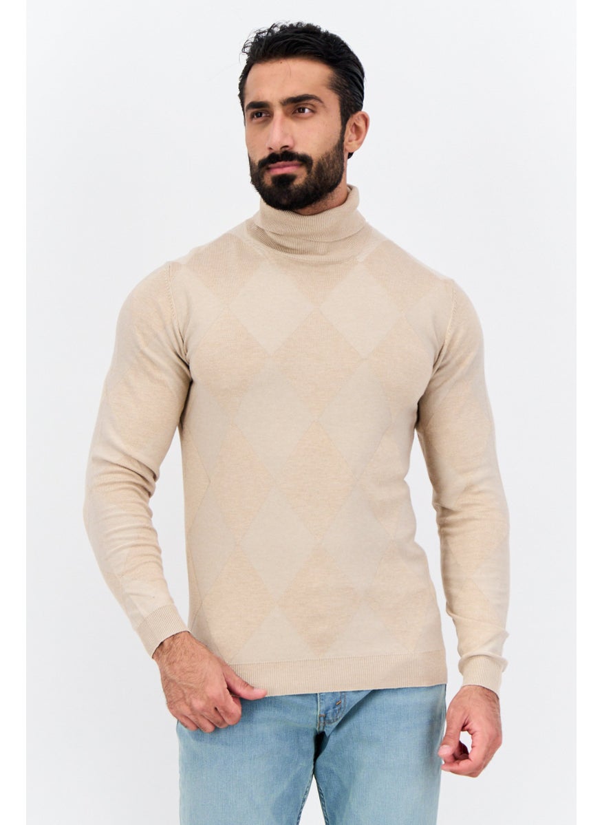 Men Turtle Neck Argyle Pattern Long Sleeves Sweater, Tan