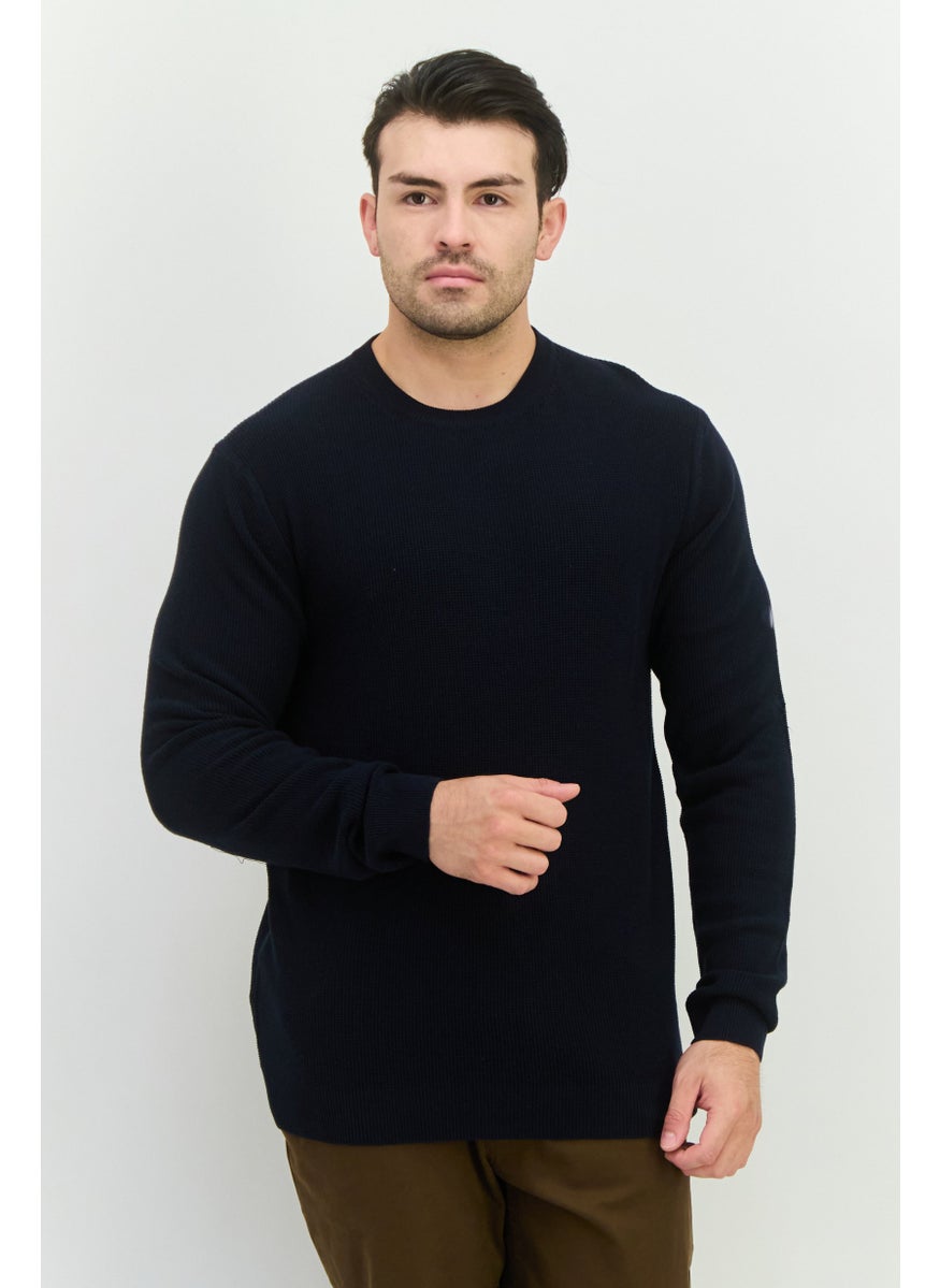 Men Crew Neck Long Sleeves Knitted Sweater, Navy