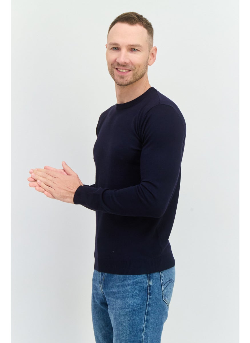 Men Crew Neck Knitted Long Sleeves Sweater, Navy