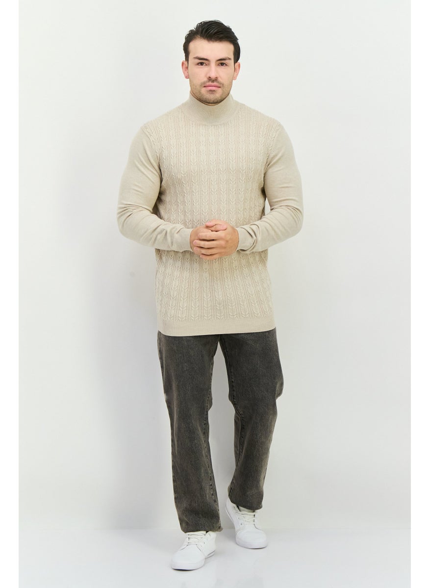 Men Mock Neck Knitted Sweater, Beige