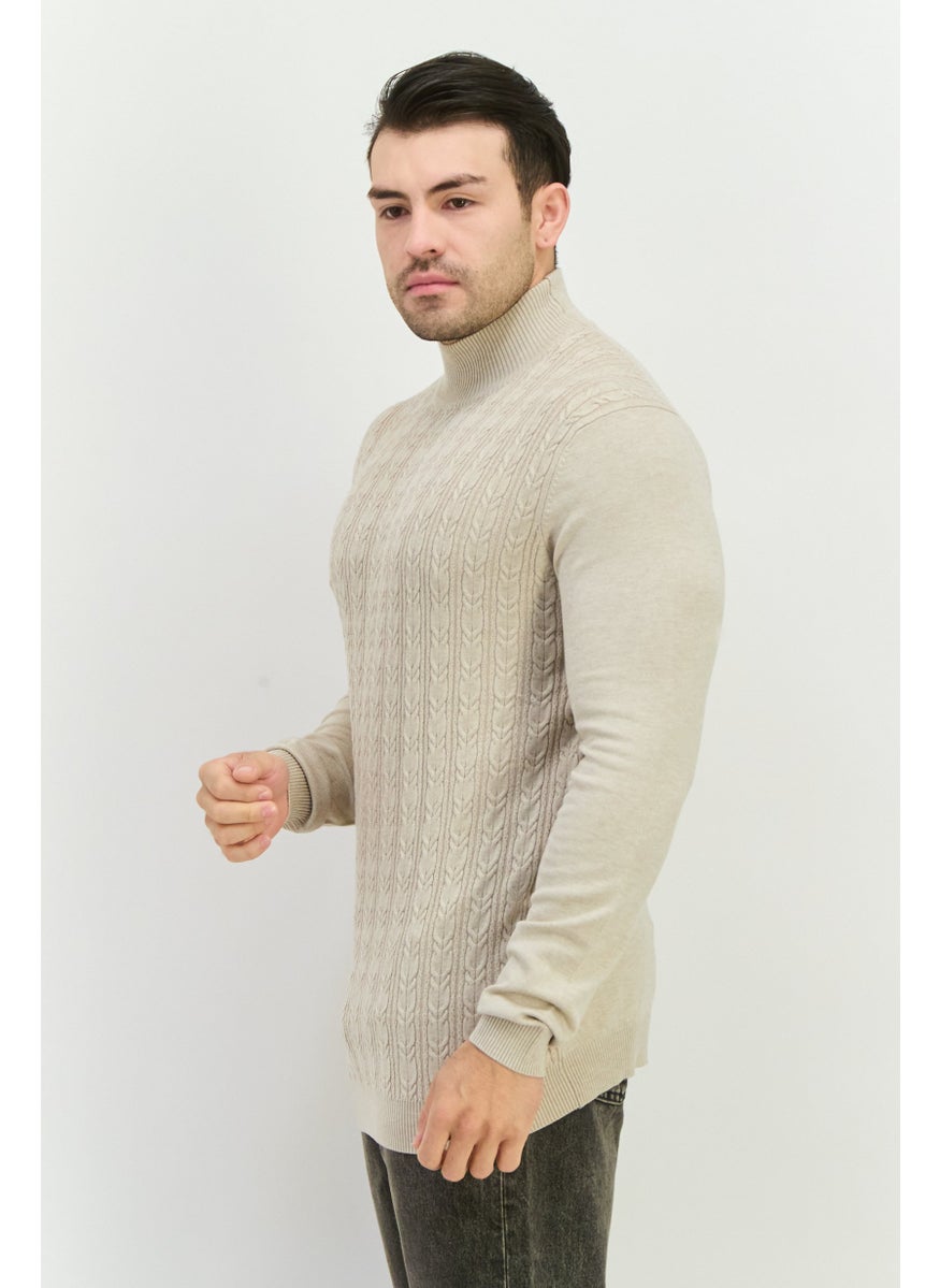 Men Mock Neck Knitted Sweater, Beige