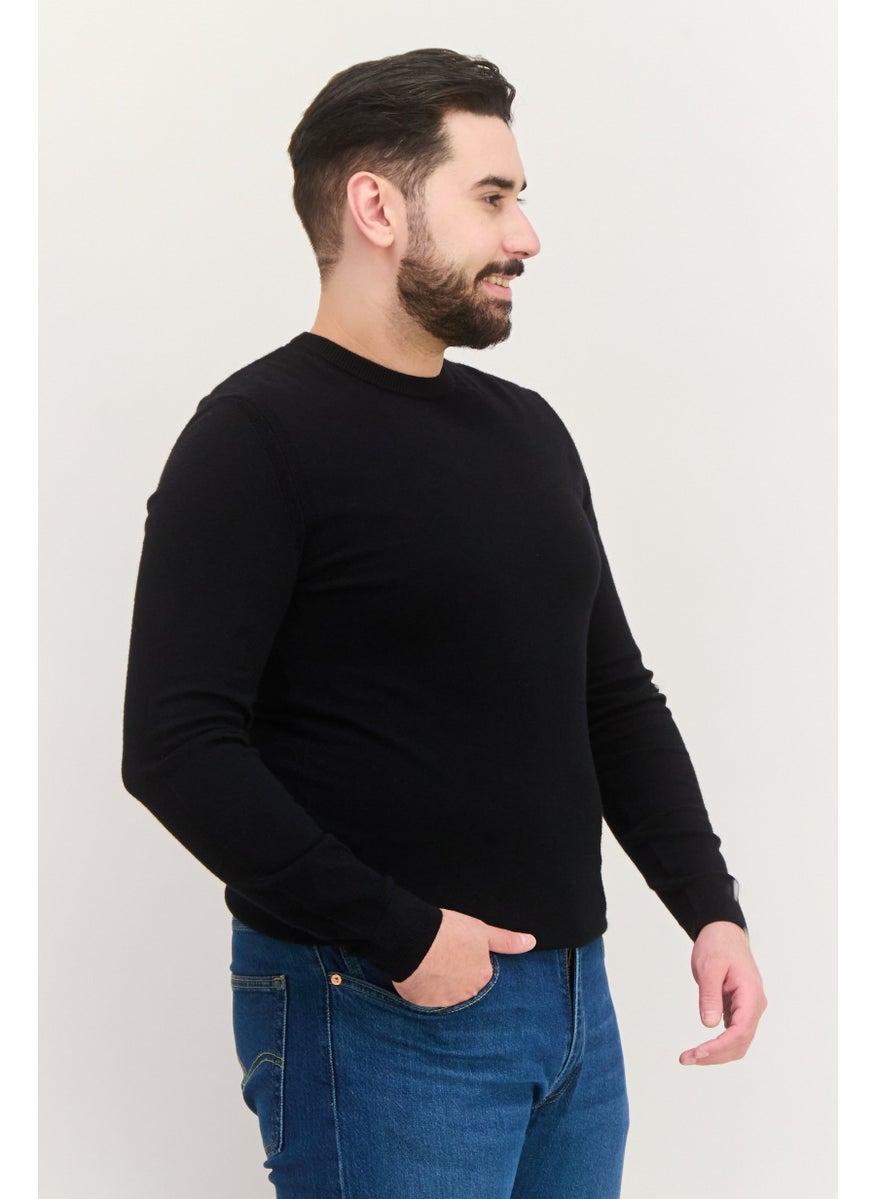 Men Crew Neck Long Sleeve Plain Sweater, Black